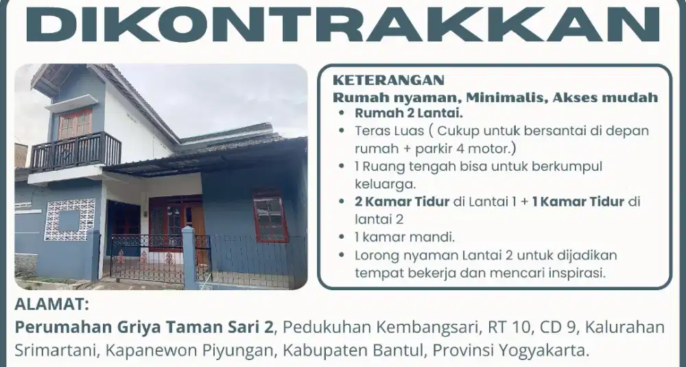 DIKONTRAKKAN RUMAH 2 LANTAI – NYAMAN & STRATEGIS – PIYUNGAN BANTUL