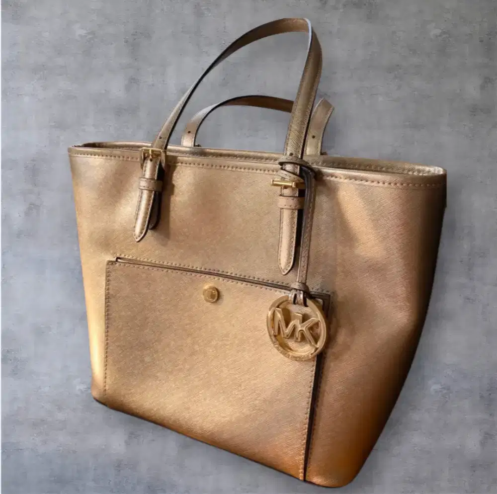 [Like New] Shoulder MICHAEL KORS Jetset Leather Medium Tote Pale Gold