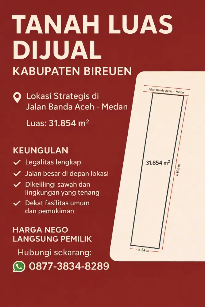 Dijual Tanah 3,1 Ha Pinggir Jalan Provinsi Banda Aceh–Medan, SHM