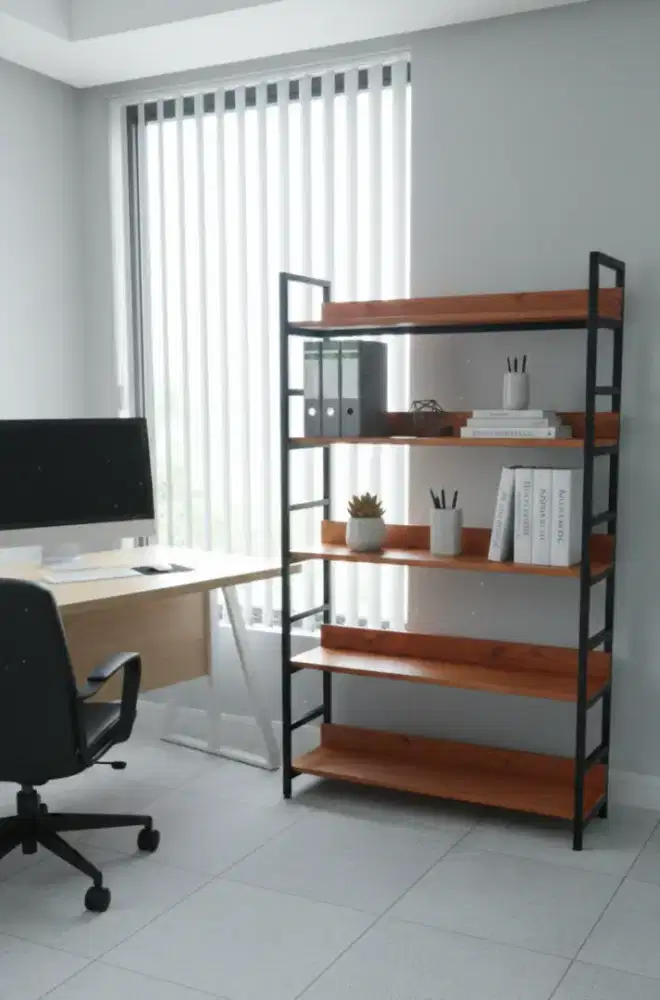 Rak buku cocok buat di kantor (rangka besi dan jati Belanda, custom)