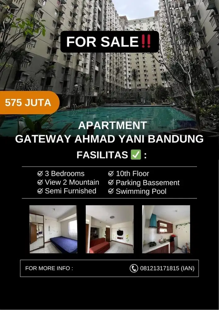 Dijual 3 Kamar Apartment Gateway Ahmad Yani Bandung