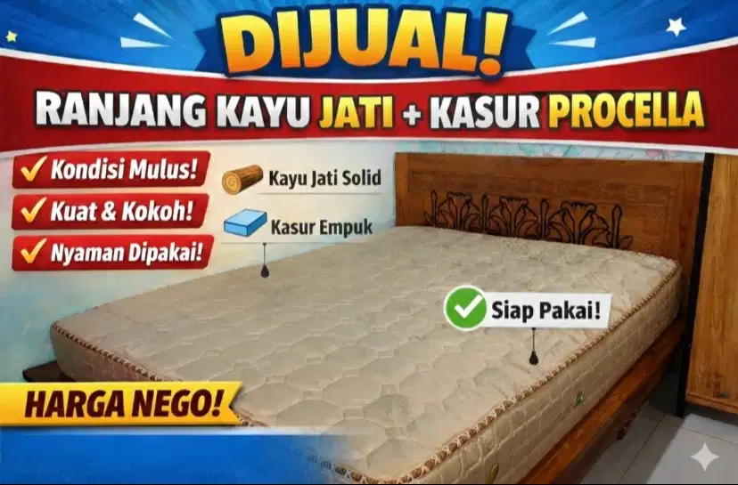 PROMO! RANJANG KAYU JATI ASLI + KASUR PROCELLA 160x200 (QUEEN) – MURAH