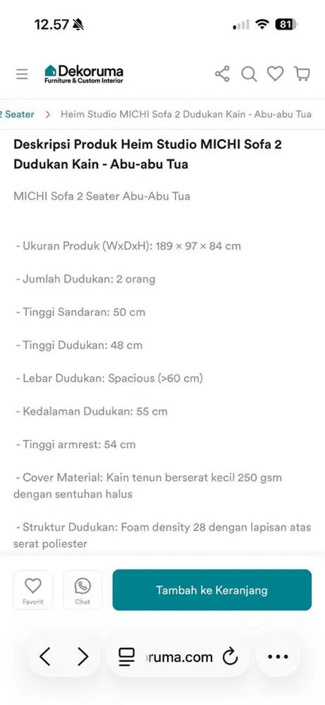 MICHI Sofa 2 Dudukan Kain - Abu-abu Tua