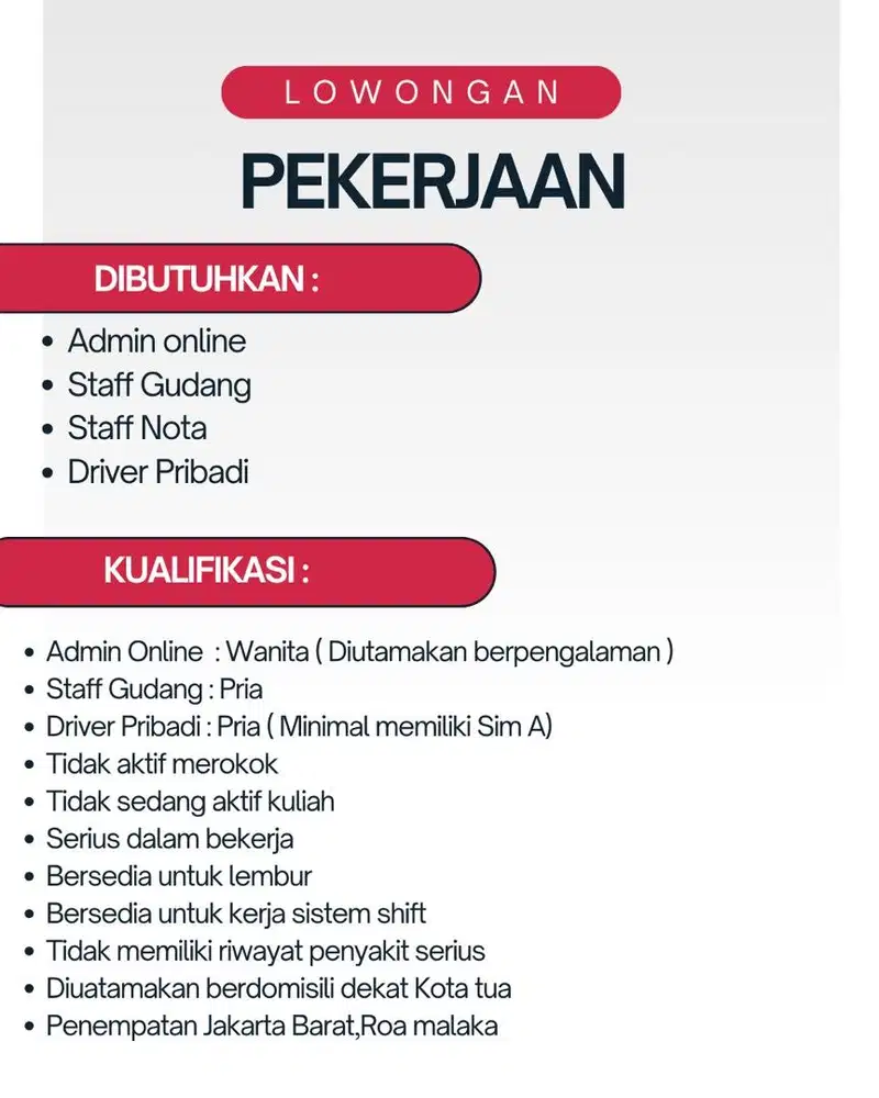 Lowongan Kerja - Admin, Driver, Staff Gudang, Staff Nota