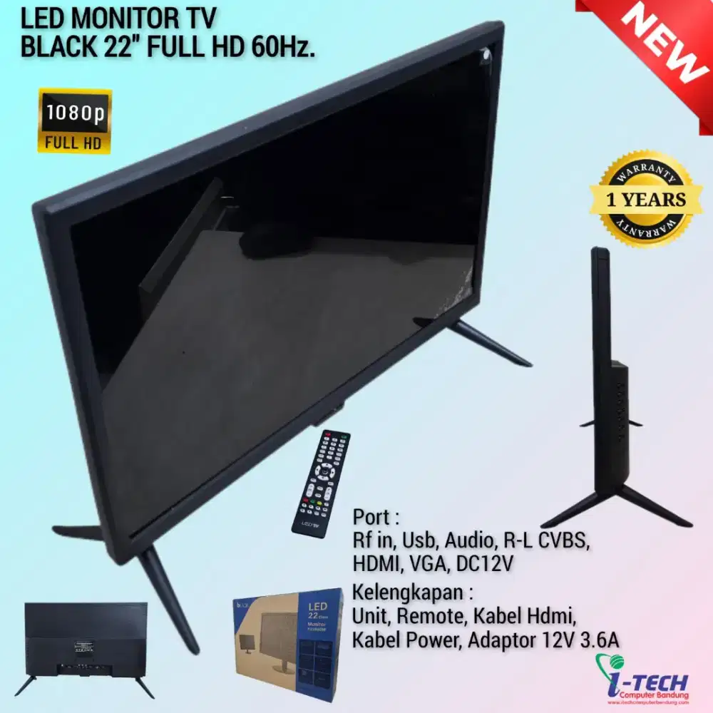 NEW LED MONITOR TV BLACK | LED MONITOR BLACK 22 FULL HD 60Hz