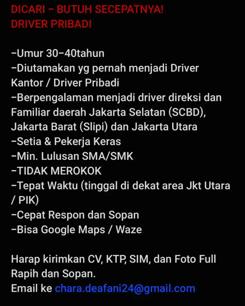 DICARI DRIVER PRIBADI BERPENGALAMAN