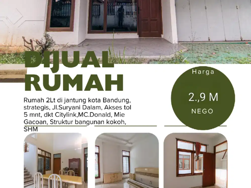 Rumah 2 lt dijantung kota Bandung, struktur kokoh, strategis, akses Tol mudah dan dekat area komersil