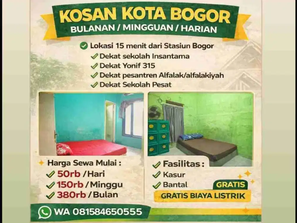 KOSAN KOTA BOGOR MURAH HARIAN MINGGUAN BULANAN STASIUN BOGOR, KEBUN RAYA, RSUD, RSMM, CILENDEK, SINDANG BARANG, CIOMAS