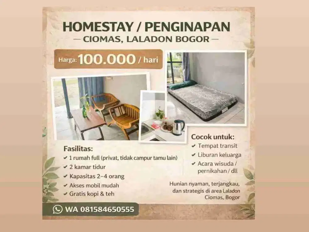 HOMESTAY PENGINAPAN MURAH BOGOR CIOMAS PAGELARAN IPB DRAMAGA LALADON YASMIN