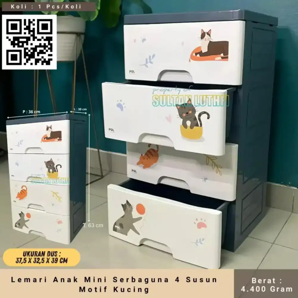 Lemari Anak Mini Serbaguna 4 Susun Motif Kucing