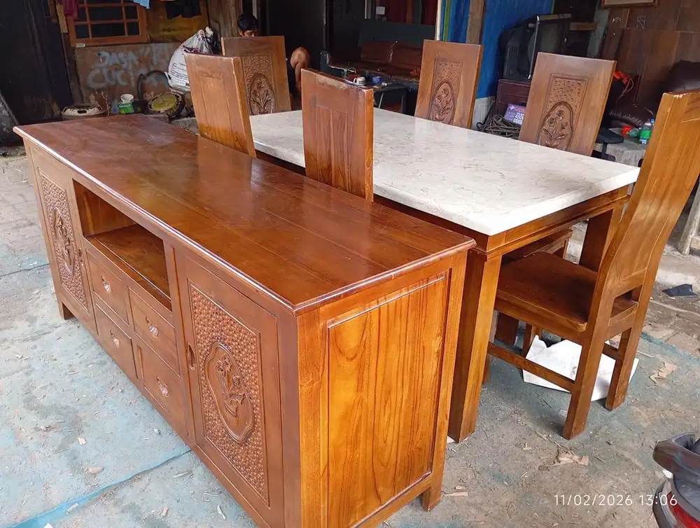 meja makan bahan kayu jati premium jepara+marmer