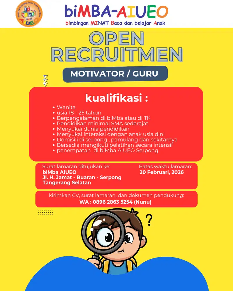 Dibutuhkan lowongan kerja posisi Guru/motivator