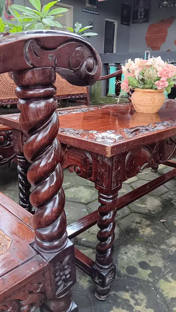 Meja Kursi Tamu Jati Ukir Ulir Rotan Jumbo Bekas Lawas Jadul Kuno Asli