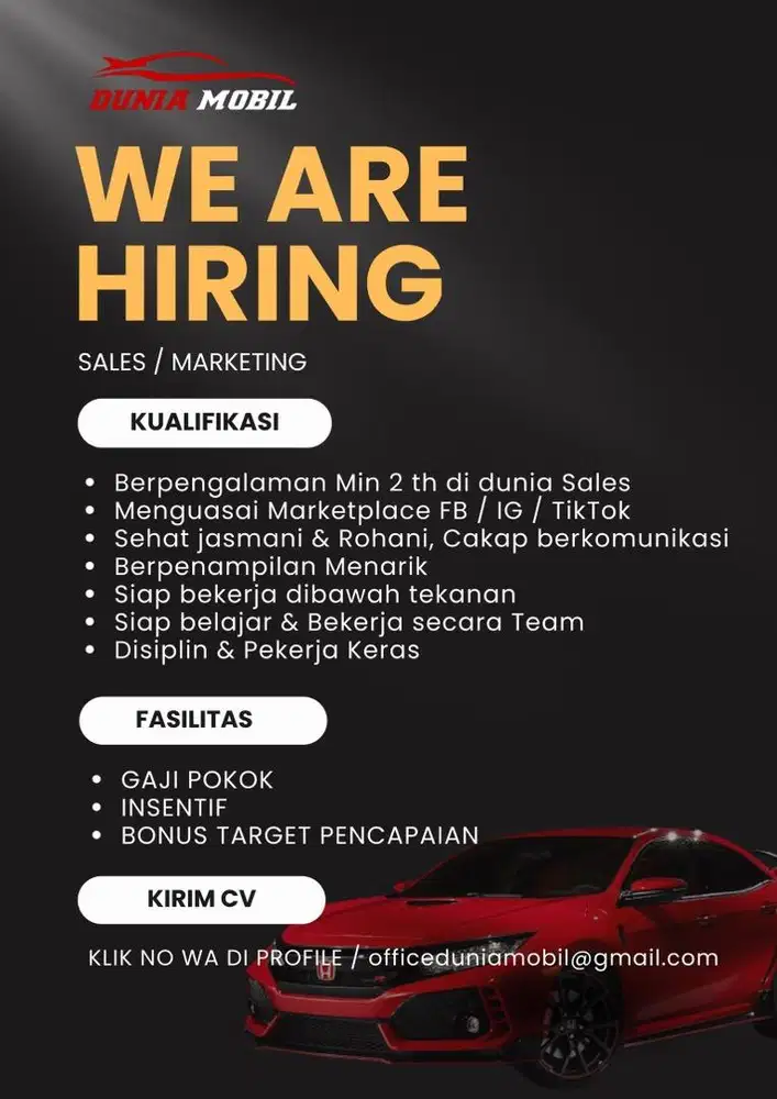 LOKER - Sales Counter MobiL Bekas Marketing Showroom MobiL Second Sby