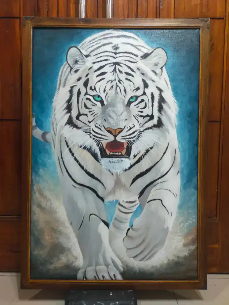 Lukisan kanvas harimau putih bingkai minimalis