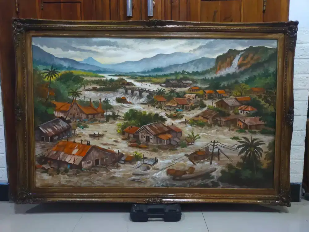 Lukisan kanvas banjir Sumatra ukuran 135×90 cm