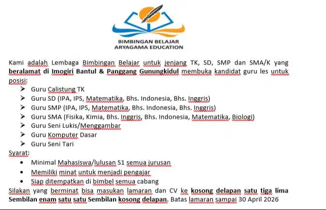 LOKER GURU LES SD SMP DAN SMA SEMUA MAPEL DI IMOGIRI & PANGGANG