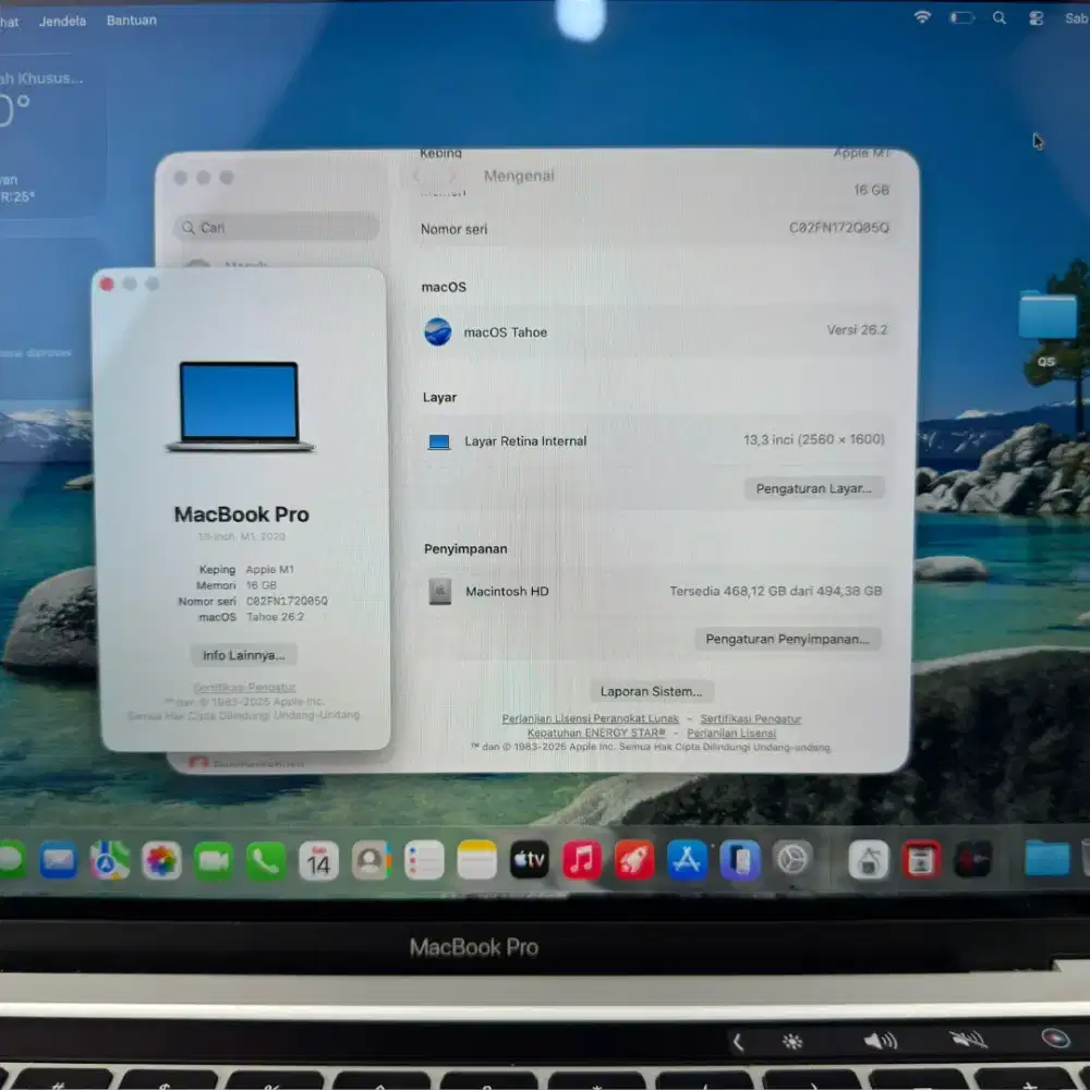 Macbook Pro M1 layar 13 inch Ram 16 Ssd 512 Full set Silver editing