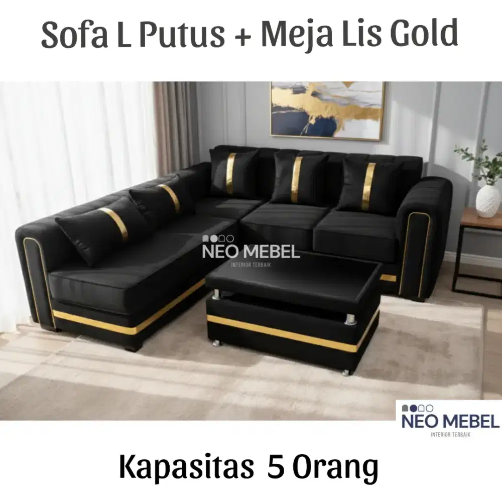 Sofa L Putus Minimalis Modern Meja Lis Gold - Uk 205x185 Bahan Bludru