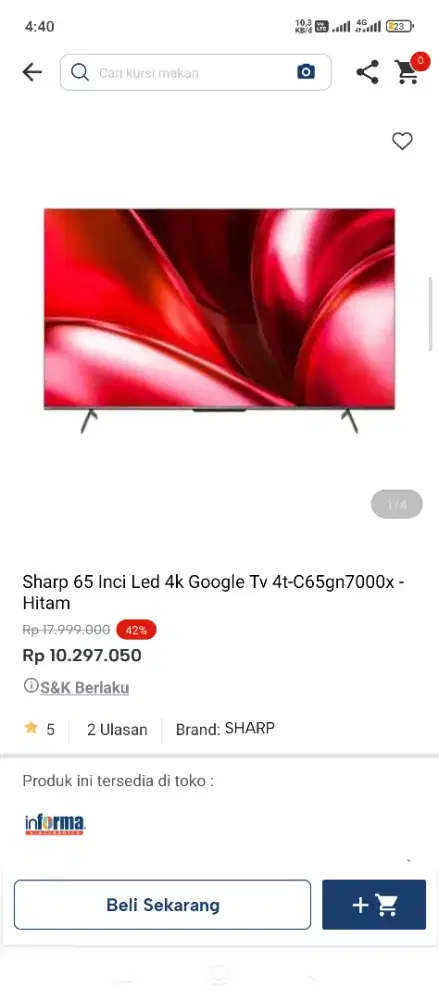Sharp google tv 65 Inc bisa kredit tanpa dp pakai indodana paylater