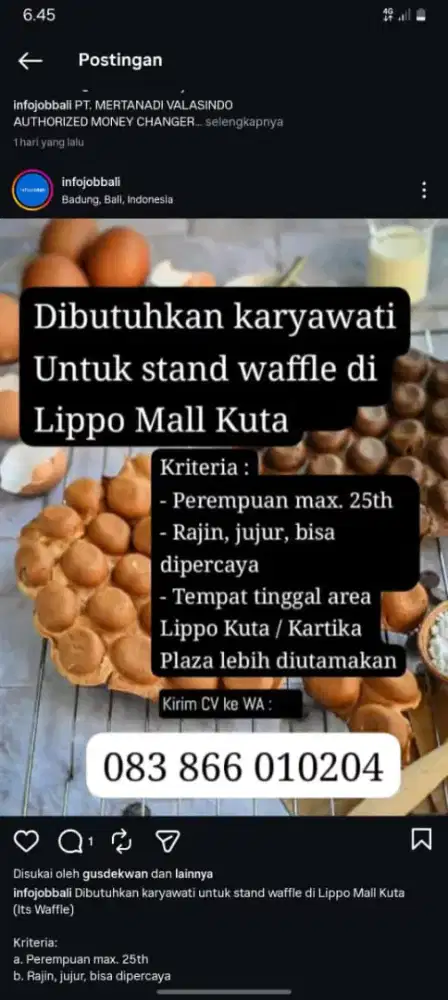 Dibutuhkan karyawati untuk toko kue di Lippo Mall Kuta