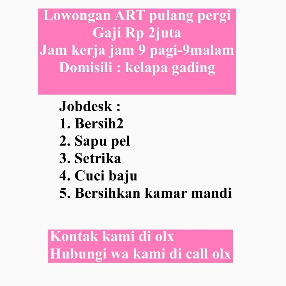 Lowongan kerja ART pulang pergi