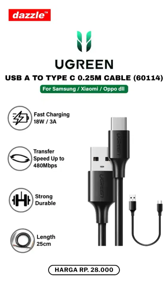 UGREEN USB A TO TYPE C 0,25CM CABLE (60114)