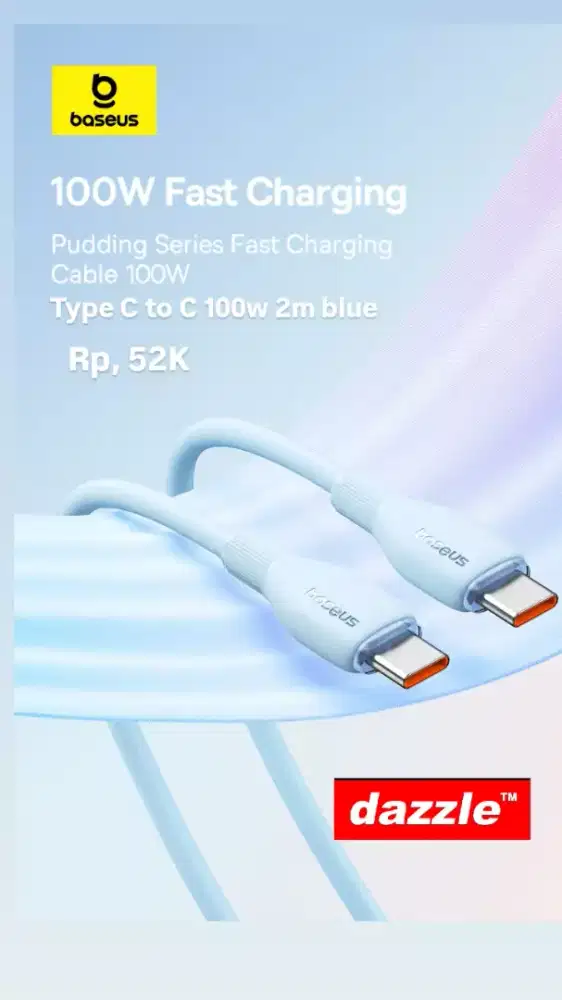 KD  Baseus pudding series fast charging type c to c 100w 2m blue