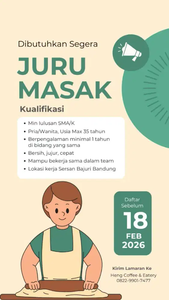 Lowongan Kerja Loker Juru Masak Cafe Baru Heng Coffee & Eatery