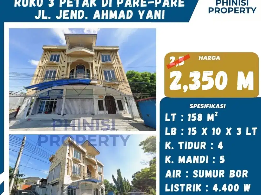 Dijual Ruko 3 Petak Jalan Jendral Ahmad Yani ParePare