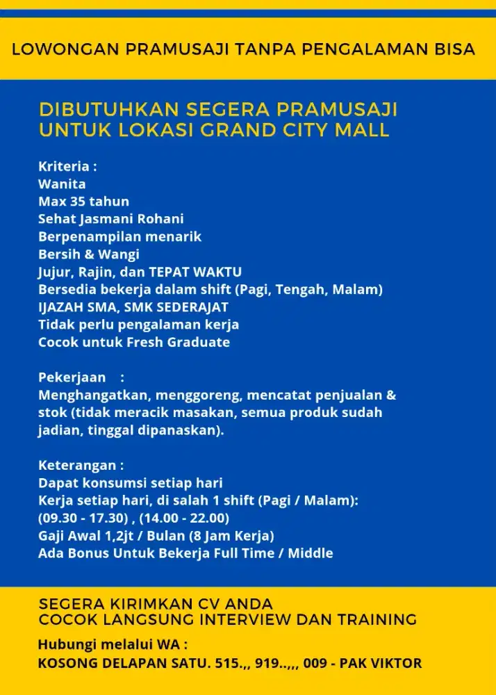 Lowongan pramusaji Grand City tanpa pengalaman bisa