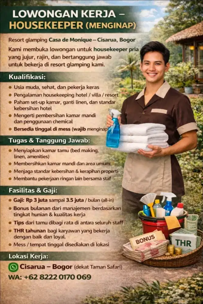 LOWONGAN HOUSEKEEPER (MENGINAP) – CISARUA BOGOR