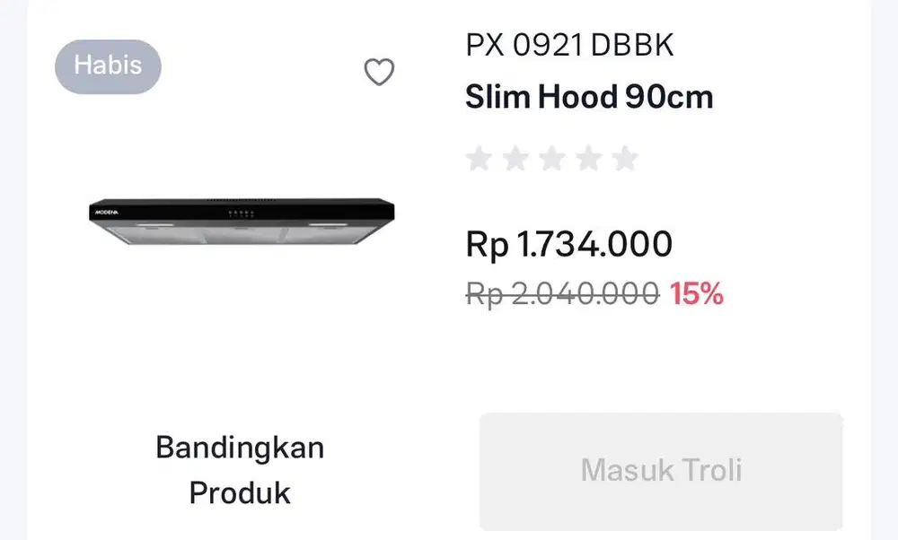 Dijual Modena Cooker Hood 90cm–90% New! Beli 1.5jt, jual 0.8jt aja!