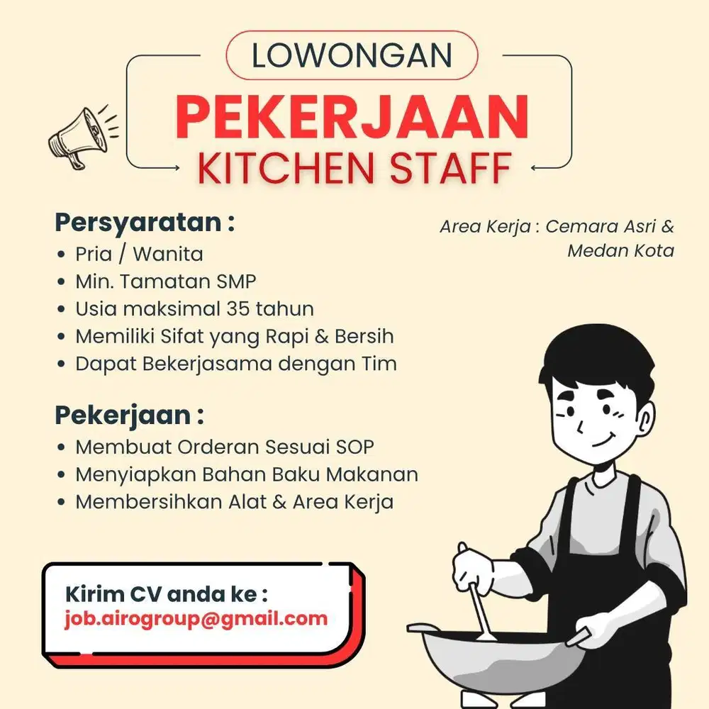 DIBUTUHKAN SEGERA! KITCHEN STAFF KOREAN FOOD HALAL AIRO KITCHEN
