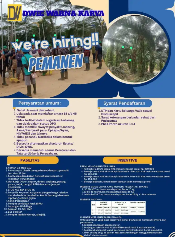 Butuh pemanen di pt dwk kalteng