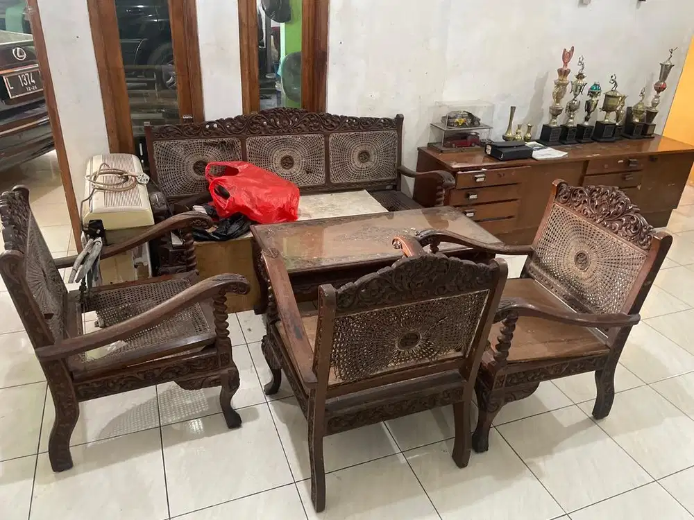 1 set sofa bangku rotan dan meja kayu jati vintage rotan rare