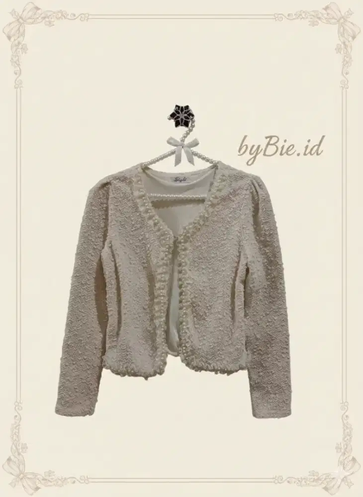 Preloved Beige Pearl Knitted Long Sleeve Jacket Beaded Cardigan