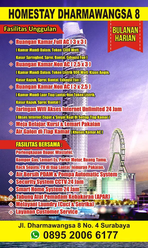Hunian Kost Dharmawangsa G8 Strategis Nyaman Bersih Fasilitas WiFi