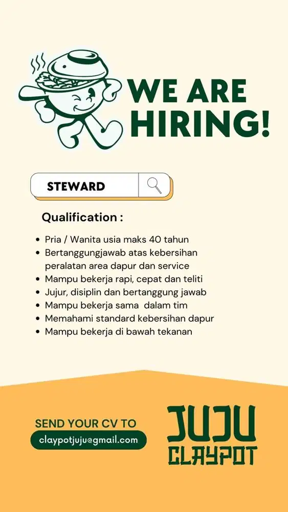 Lowongan Kerja Claypot Juju - Bagian Steward