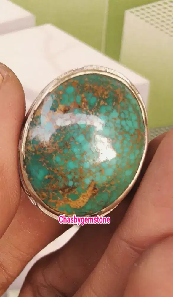 Cincin Pirus Persia beras kutah-Batu Pirus Persia urat emas lawasan