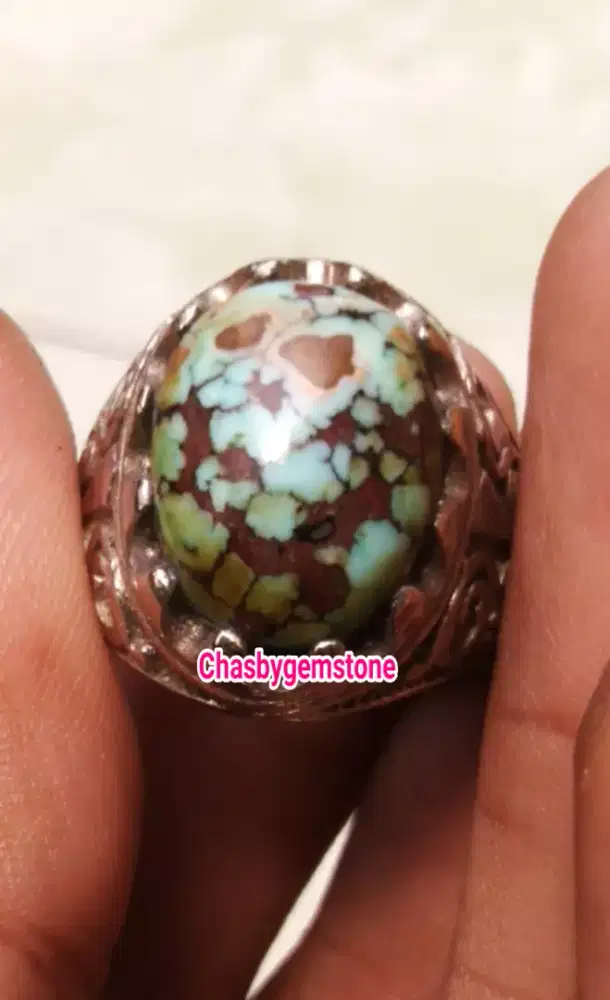 Cincin Pirus Persia Tiga warna-Batu Pirus Persia Tiga warna urat merah