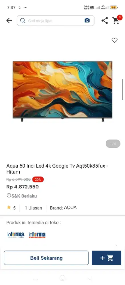 Aqua Tv 50 Inc bisa kredit Tampa dp pakai indodana paylater cicilan 0%