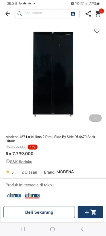 PROMO KREDIT MODENA 467 LTR KULKAS 2 PINTU SBS
