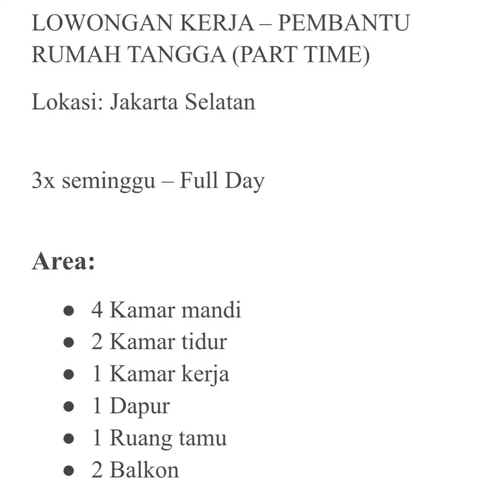 LOWONGAN KERJA – PEMBANTU RUMAH TANGGA (PART TIME)