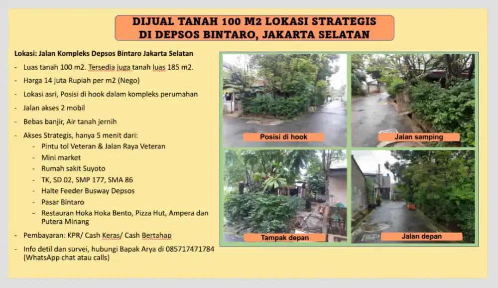 Dijual Tanah 100m2 Lokasi Strategis di Depsos Bintaro, Jakarta Selatan