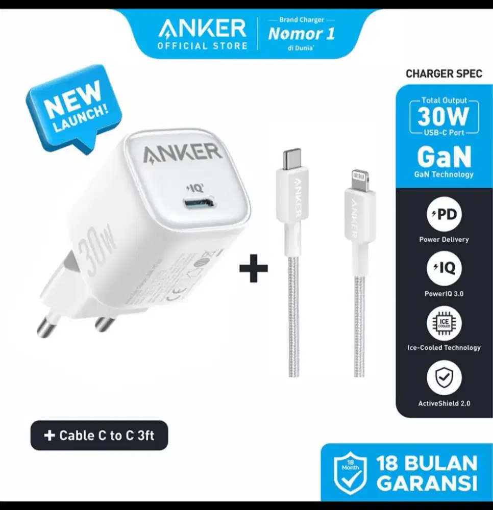 Charger anker ori 30 watt pluss kabel