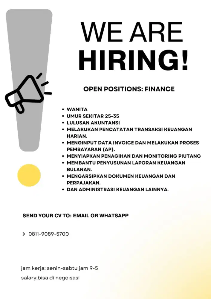 Dibutuhkan staff finance
