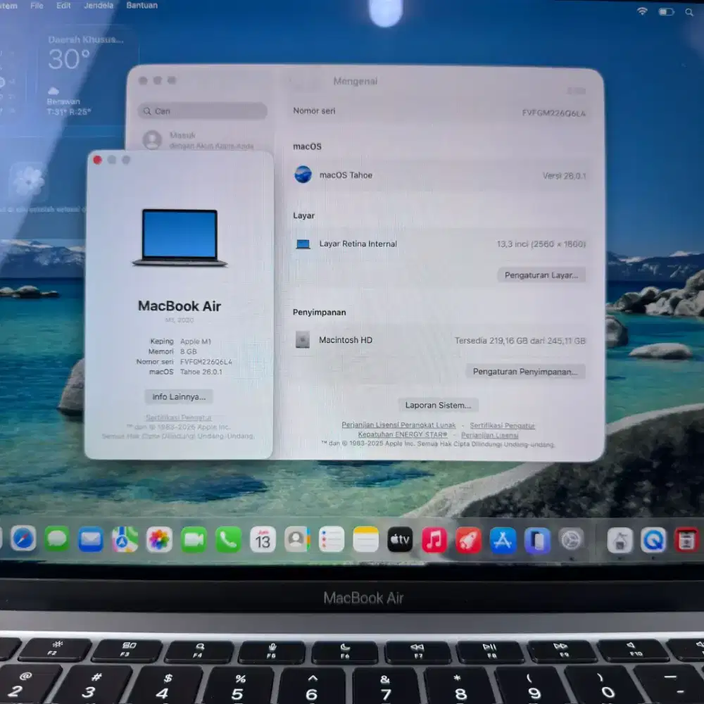 Macbook Air M1 layar 13 inch Ram 8 Ssd 256 Space Grey