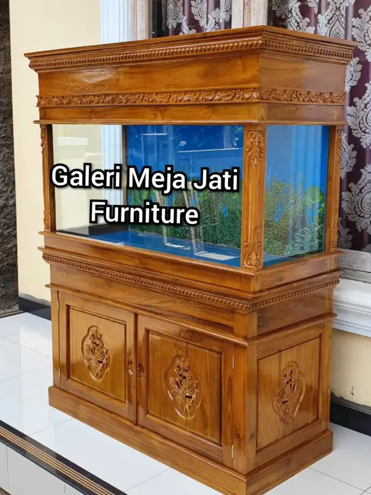 meja aquarium kayu jati motif