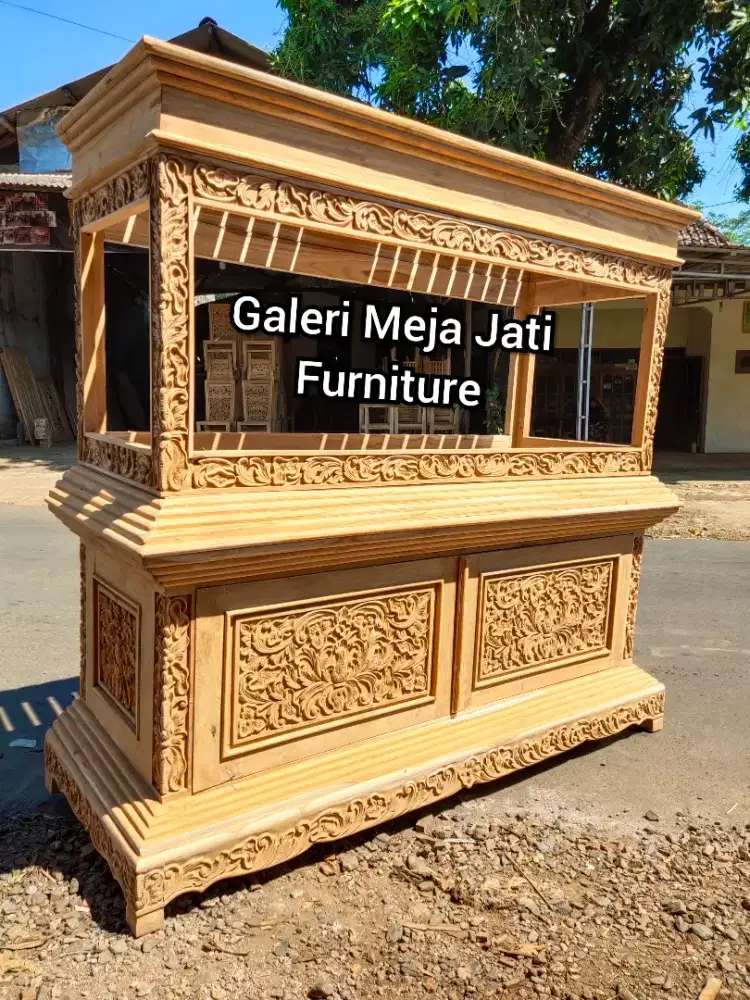 Meja aquarium ukir material kayu jati ukuran 120x55x155